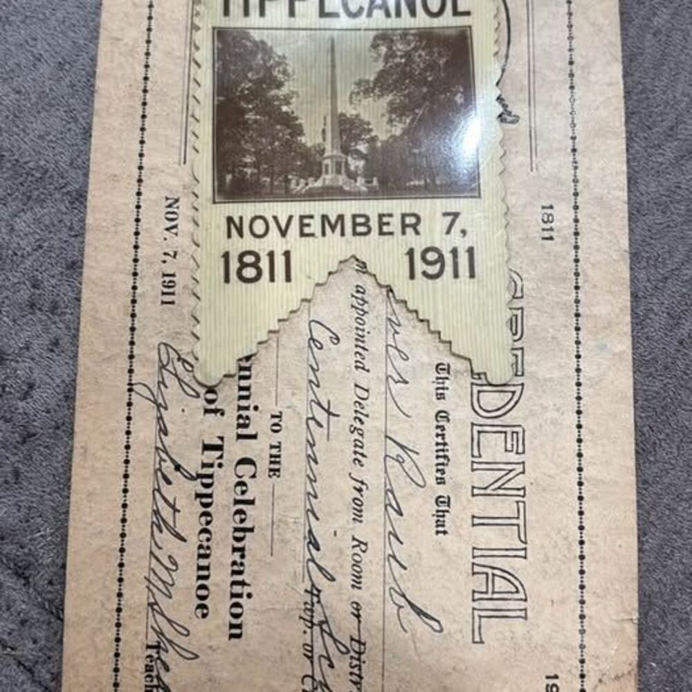 Credential tag for battle of tippecanoe 1911 Centenary celebration Indiana USA